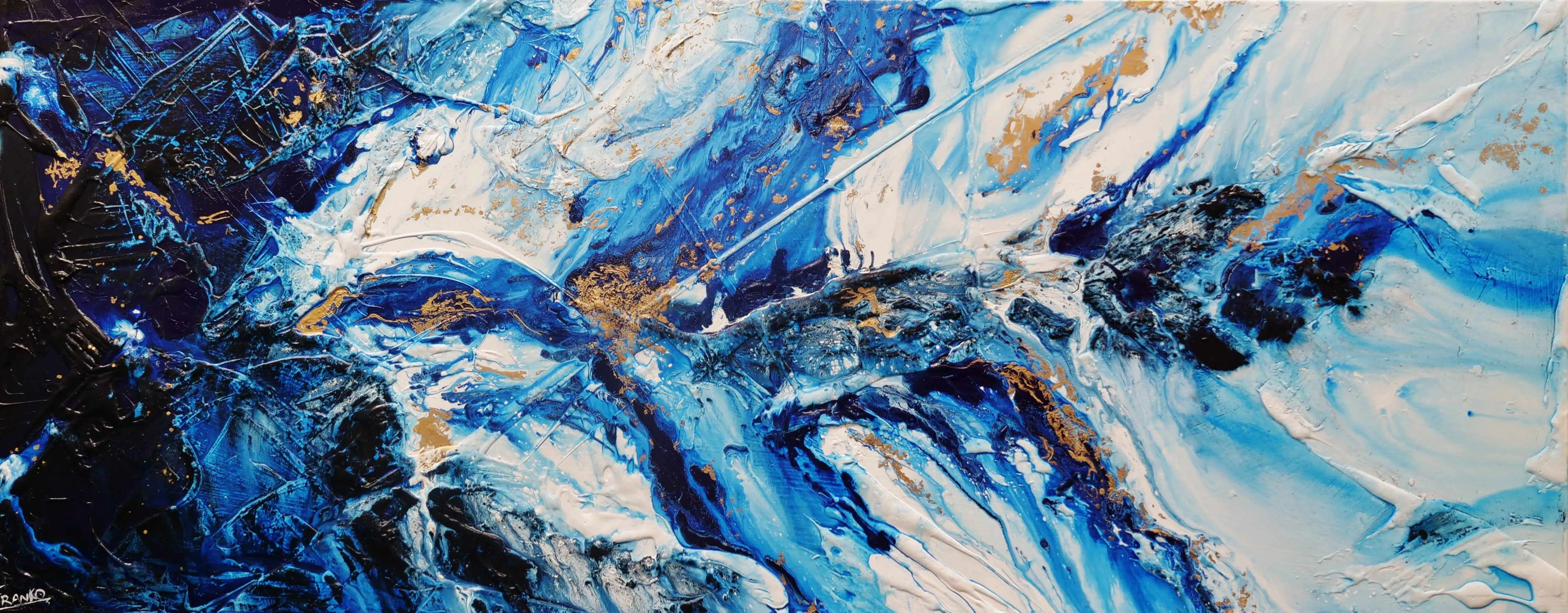Admiralty Sapphire 200cm x 80cm Blue White Gold Textured Abstract Painting (SOLD)