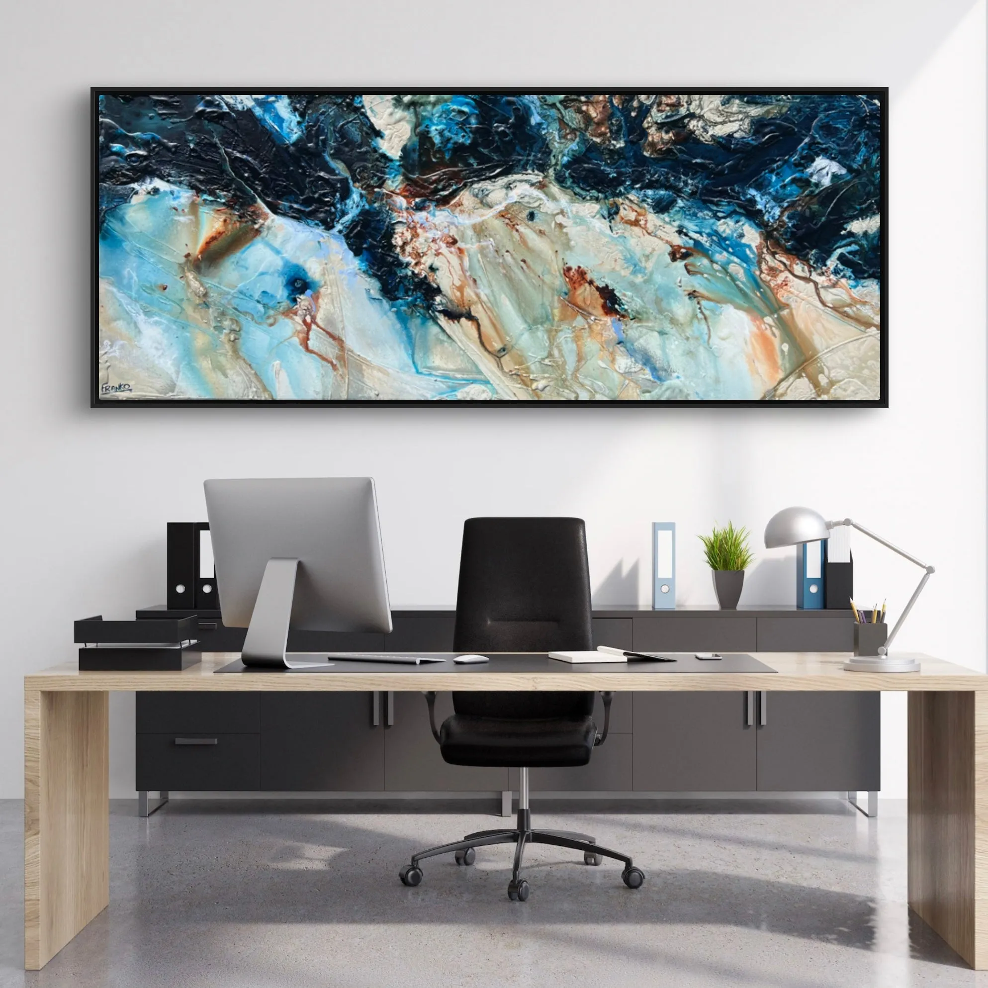 After Midnight 200cm x 80cm Blue Ochre Textured Abstract Painting