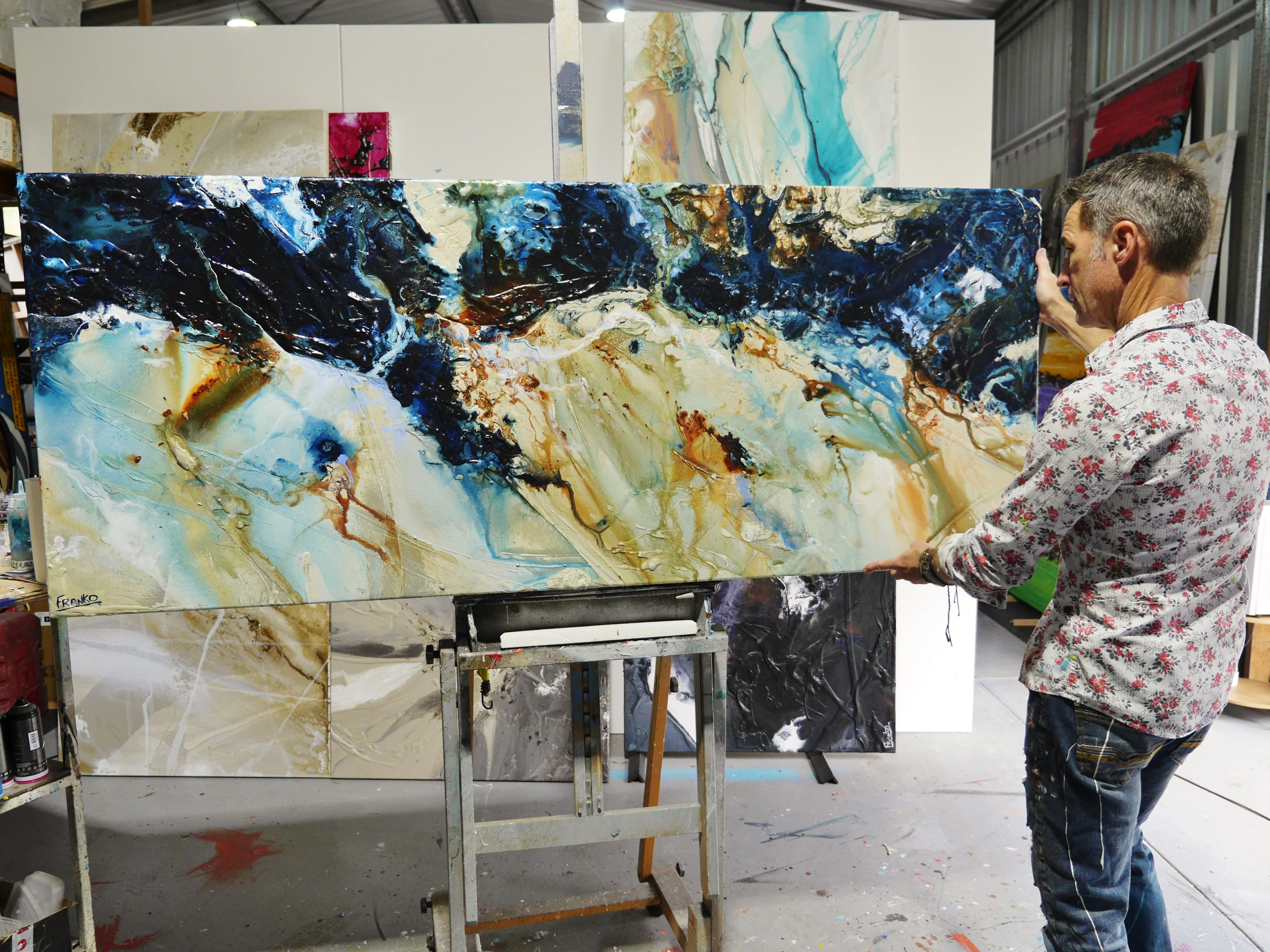 After Midnight 200cm x 80cm Blue Ochre Textured Abstract Painting
