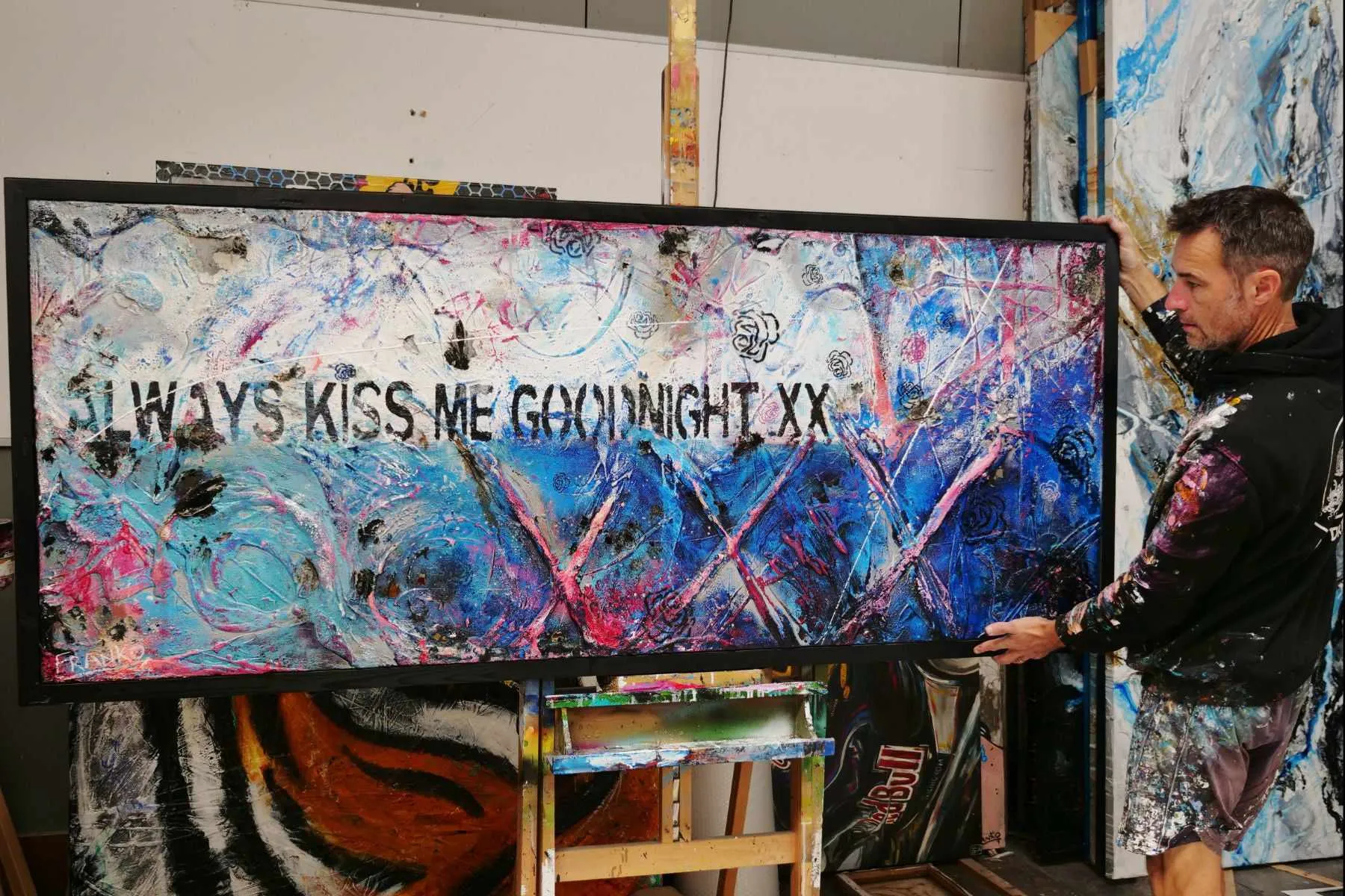 Always Kissing Blue 200cm x 80cm Always Kiss Me Goodnight Textured Urban Pop Art Painting (SOLD)