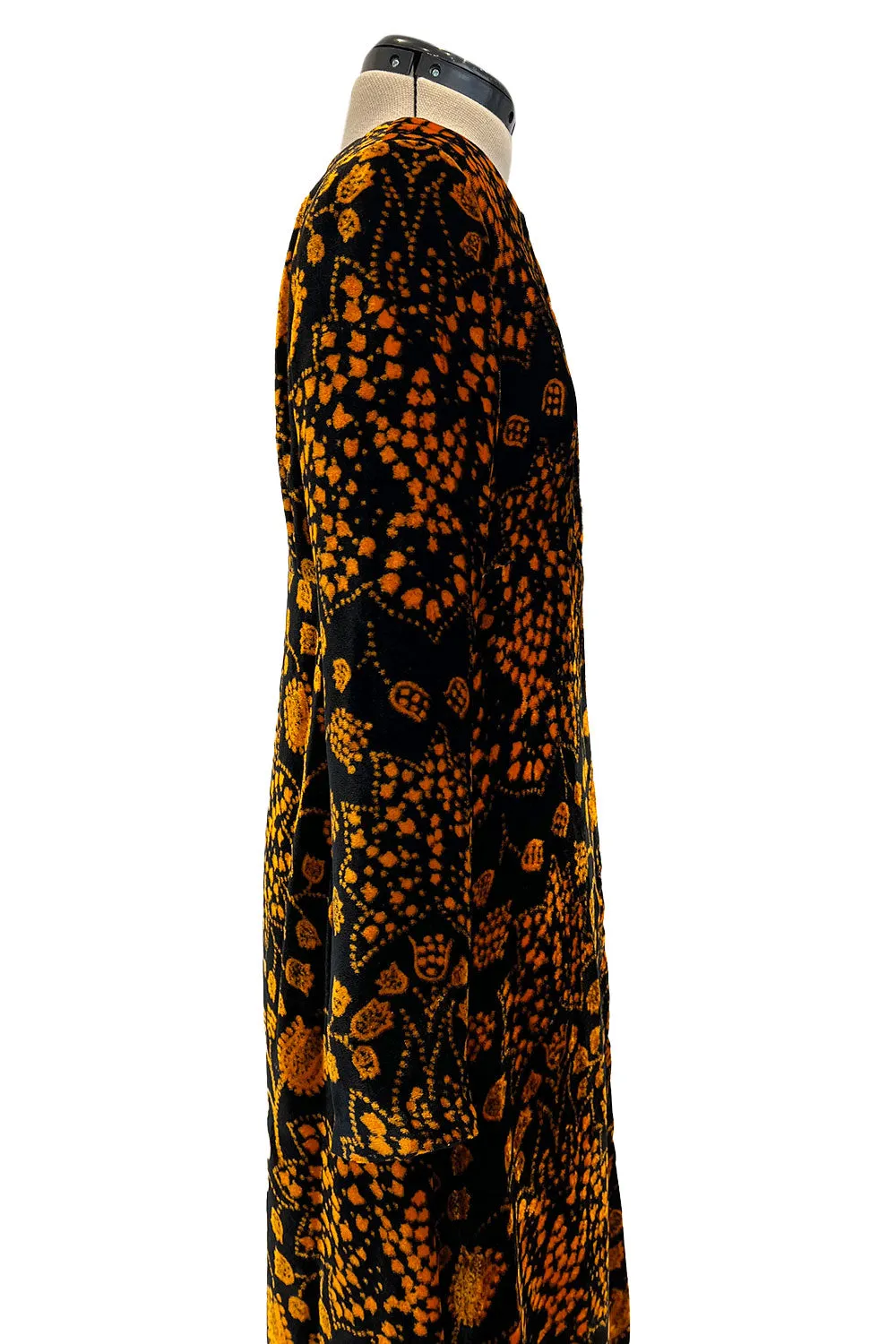 Amazing 1975 Thea Porter Printed Burnt Gold & Black Silk Velvet Caftan Dress
