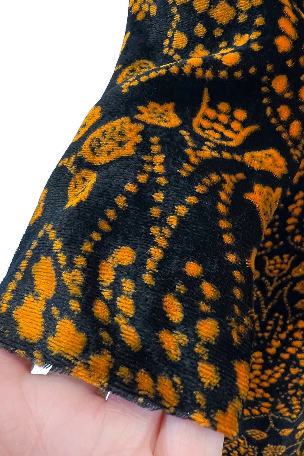 Amazing 1975 Thea Porter Printed Burnt Gold & Black Silk Velvet Caftan Dress