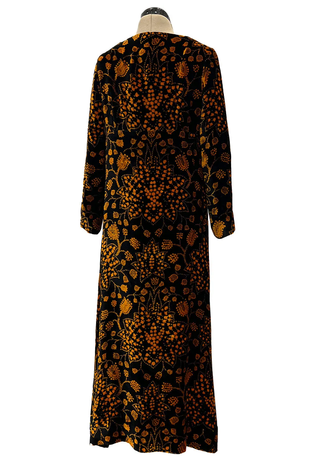 Amazing 1975 Thea Porter Printed Burnt Gold & Black Silk Velvet Caftan Dress