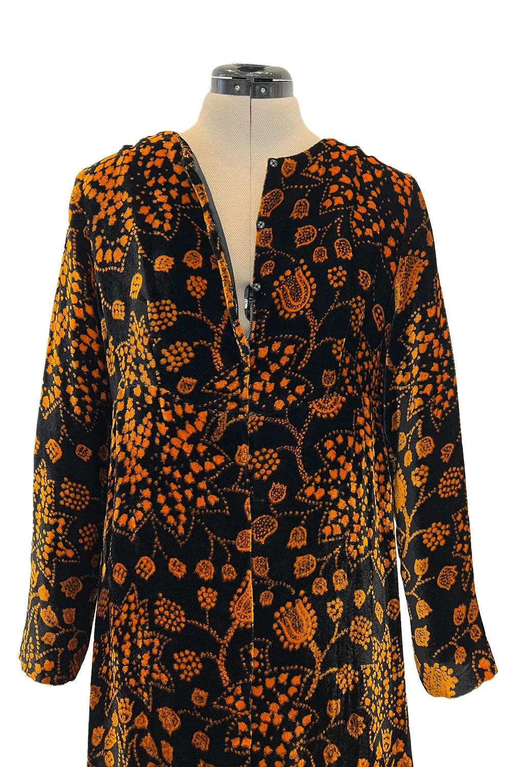 Amazing 1975 Thea Porter Printed Burnt Gold & Black Silk Velvet Caftan Dress