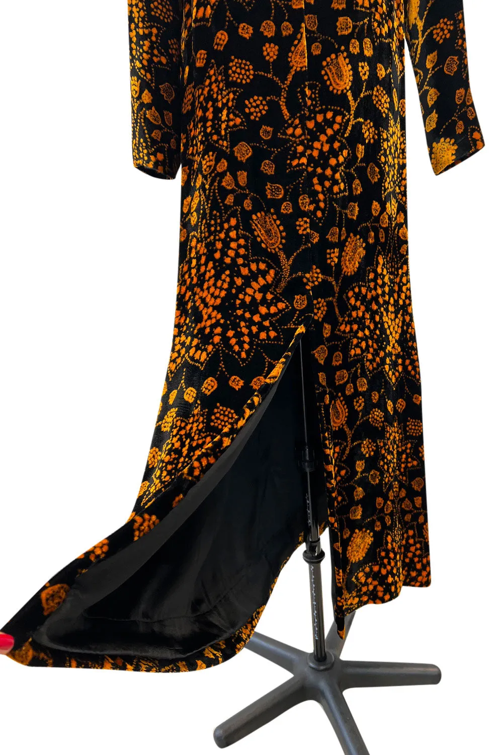 Amazing 1975 Thea Porter Printed Burnt Gold & Black Silk Velvet Caftan Dress