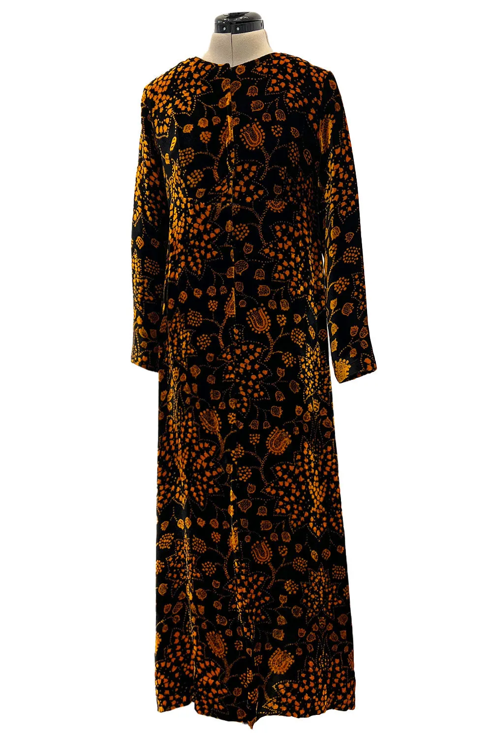 Amazing 1975 Thea Porter Printed Burnt Gold & Black Silk Velvet Caftan Dress