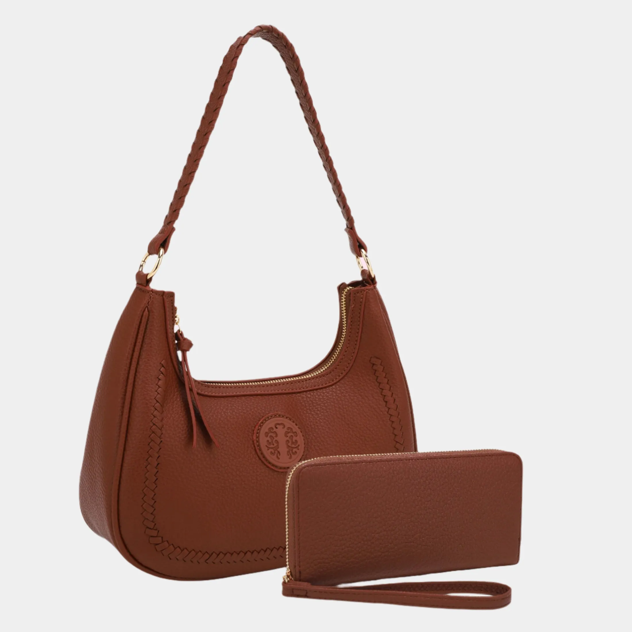 BagParty Braided Luxe Vegan Leather Hobo & Zip Wallet Set