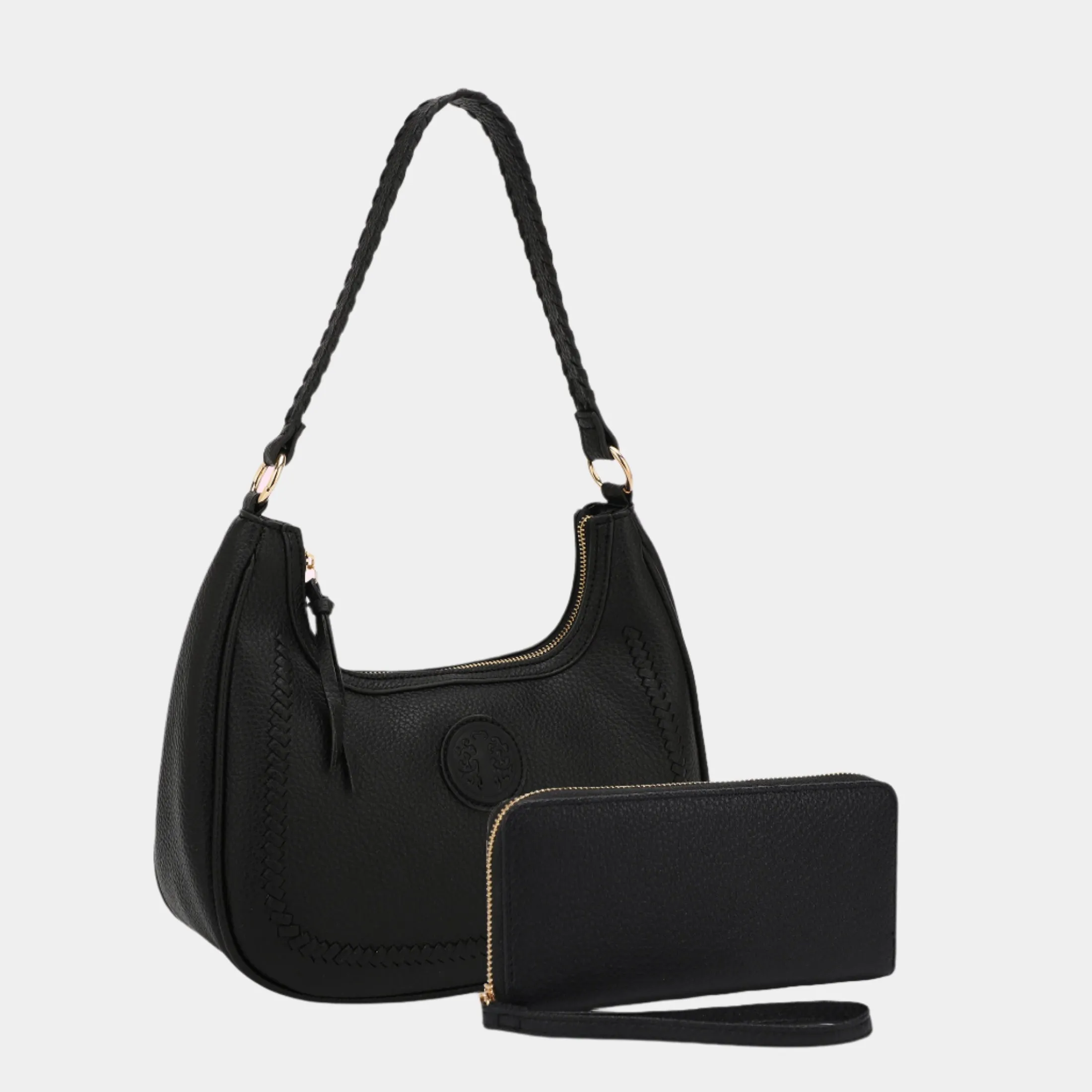BagParty Braided Luxe Vegan Leather Hobo & Zip Wallet Set
