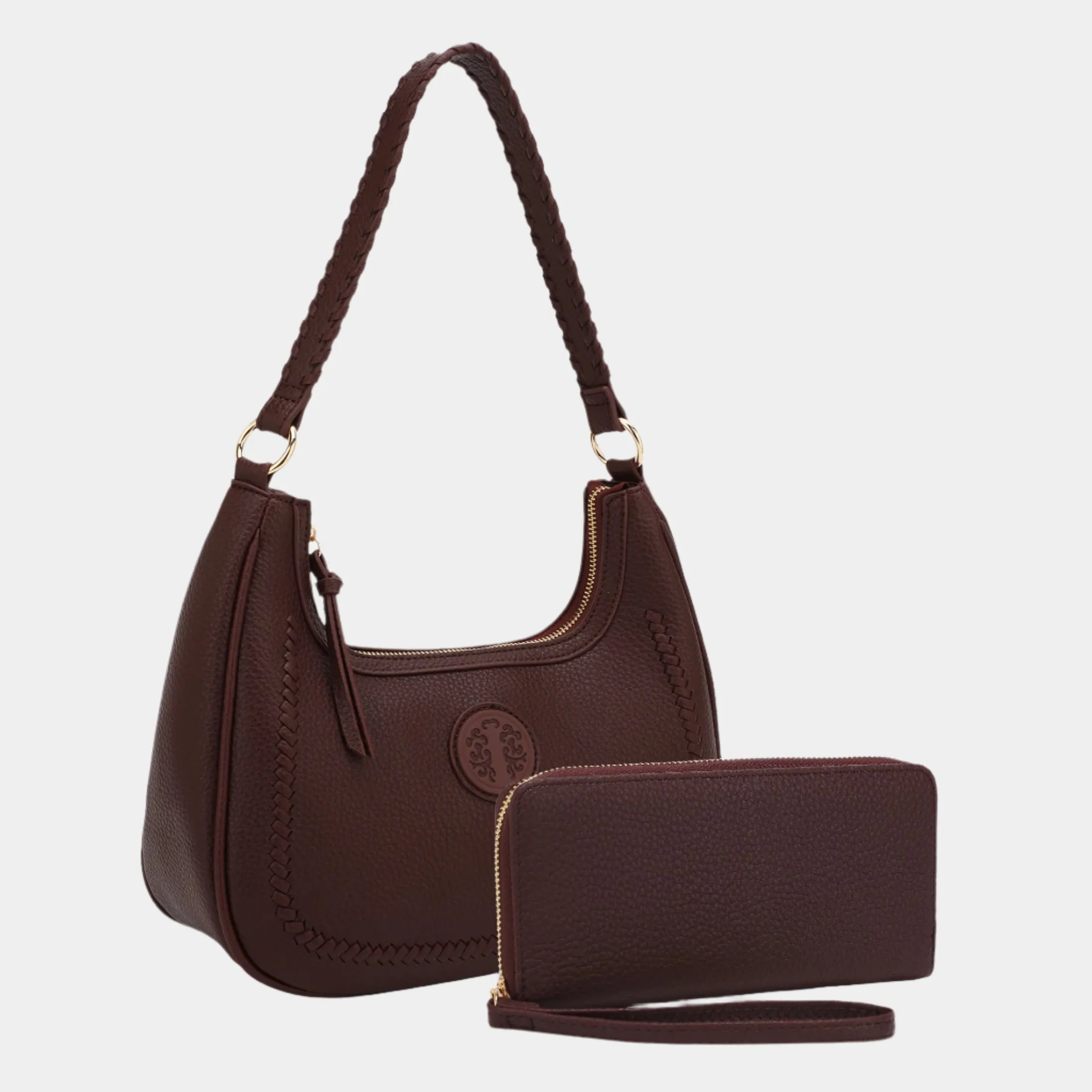 BagParty Braided Luxe Vegan Leather Hobo & Zip Wallet Set