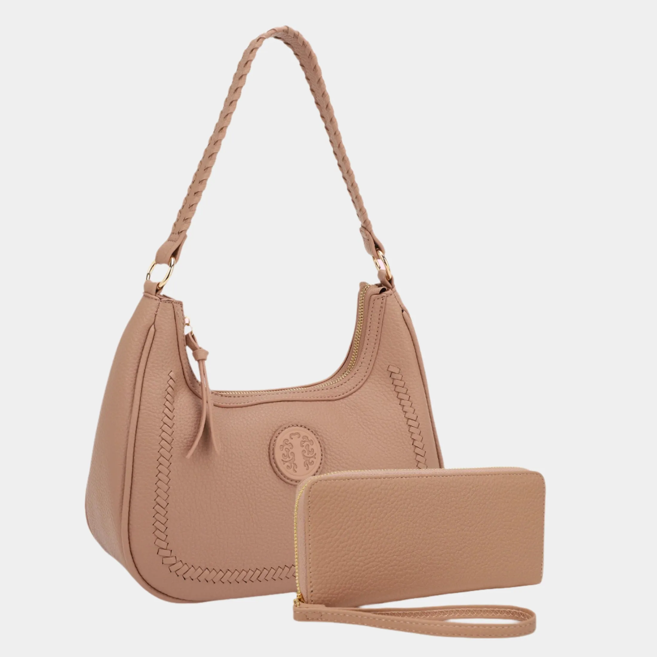 BagParty Braided Luxe Vegan Leather Hobo & Zip Wallet Set