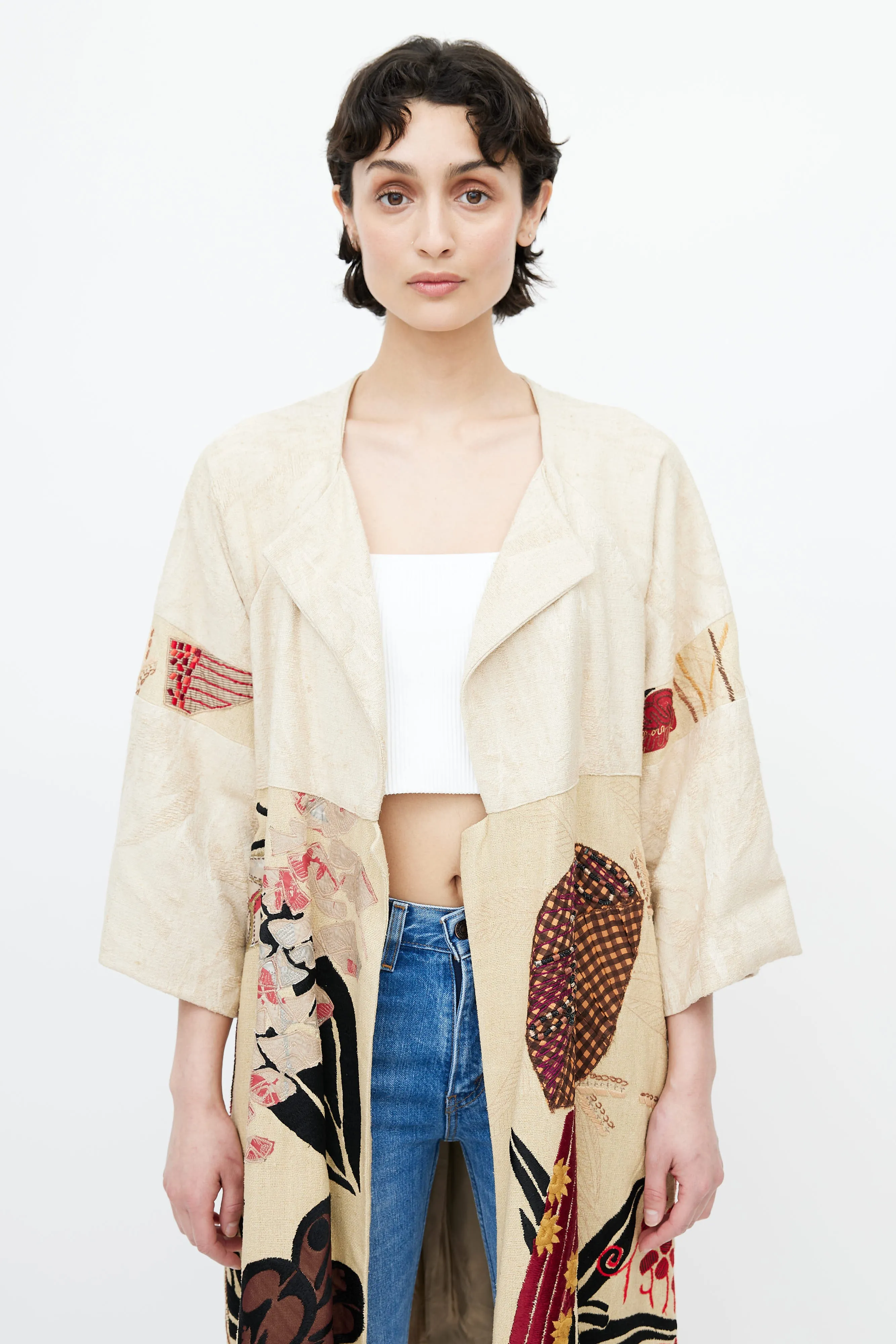 Beige & Multicolour Embroidery Coat