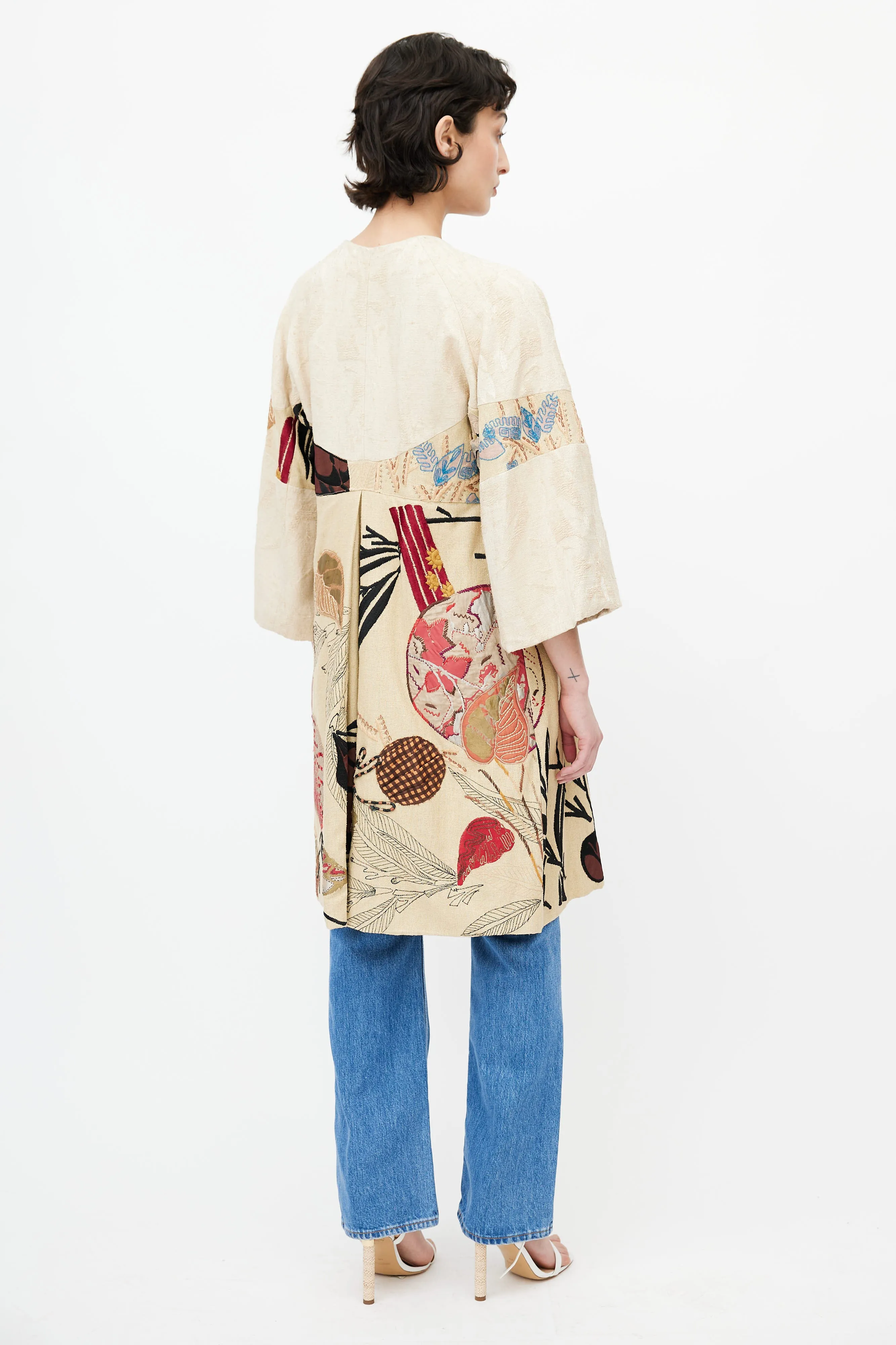 Beige & Multicolour Embroidery Coat