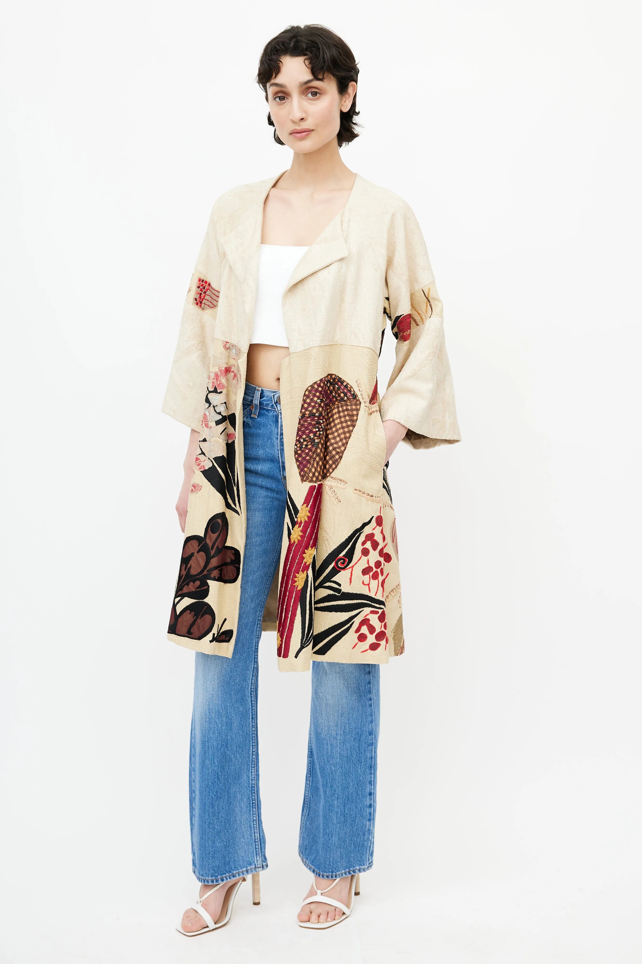 Beige & Multicolour Embroidery Coat