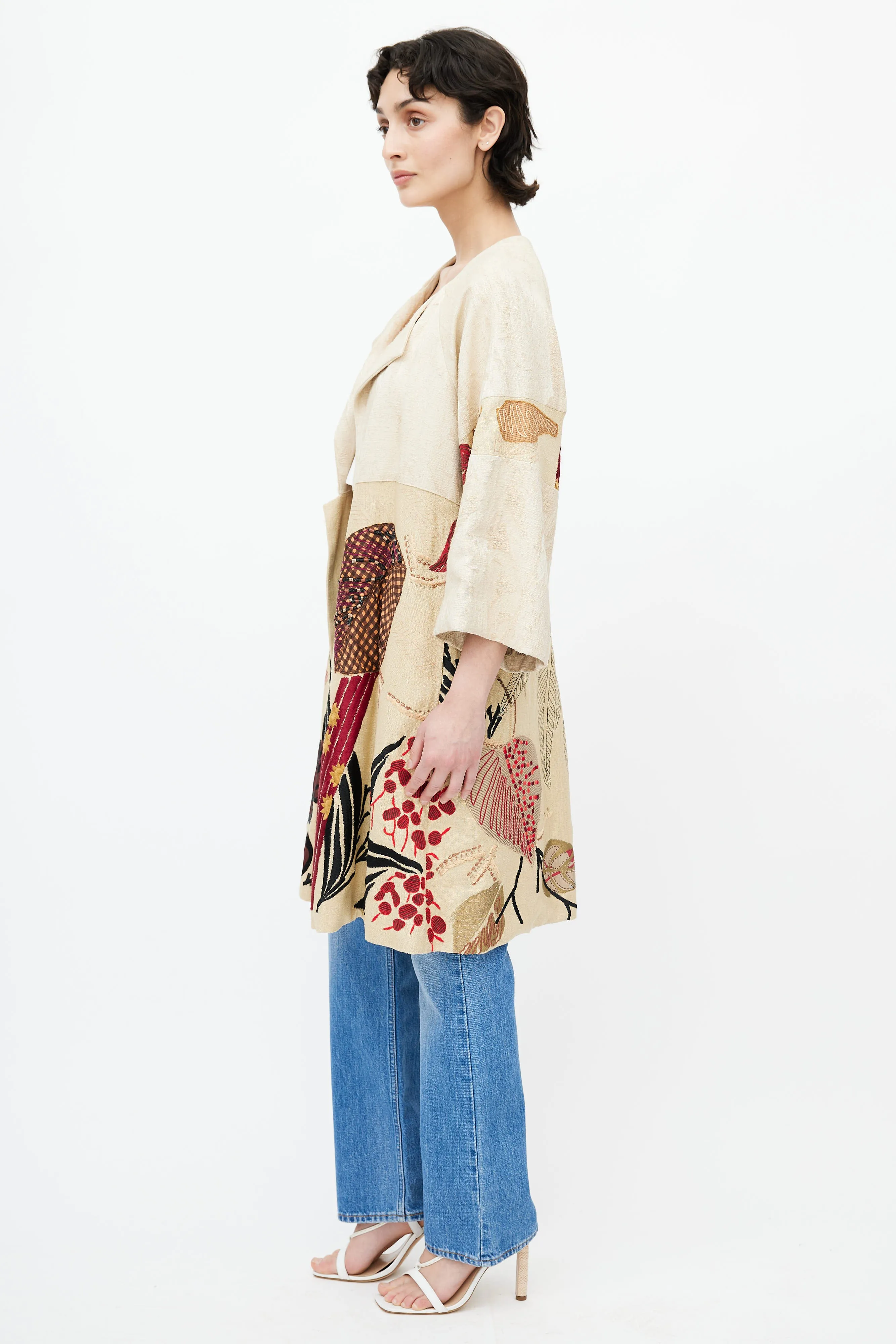 Beige & Multicolour Embroidery Coat