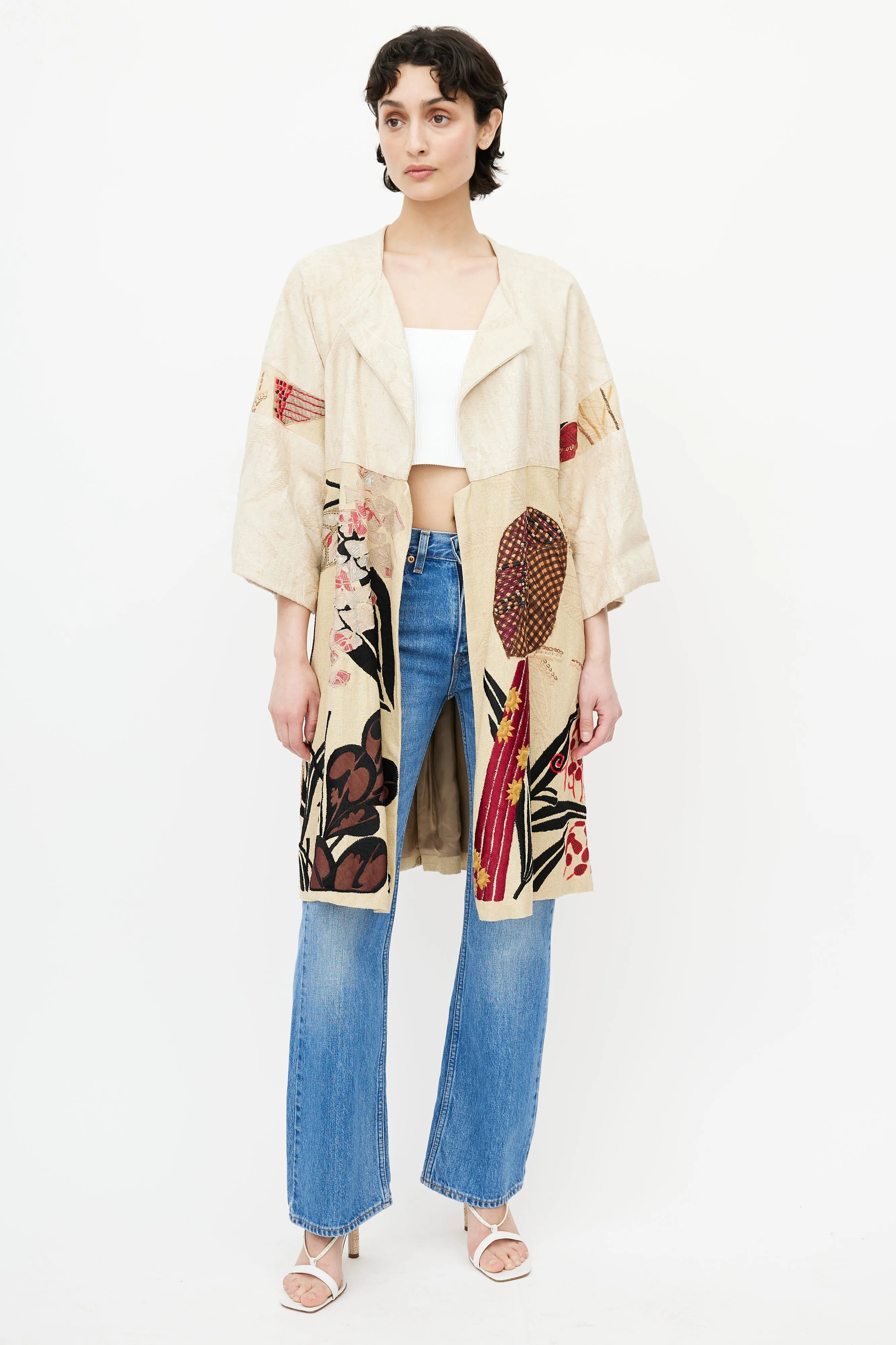 Beige & Multicolour Embroidery Coat