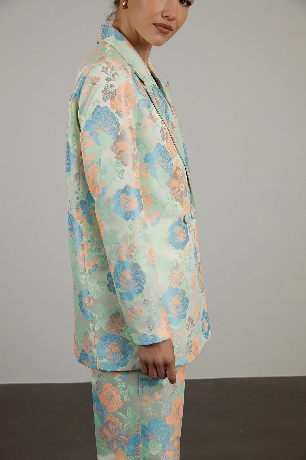 BLAZER AZUL SALMÃO JACQUARD OVERSIZED ESTAMPADO FLORAL