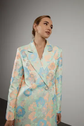 BLAZER AZUL SALMÃO JACQUARD OVERSIZED ESTAMPADO FLORAL