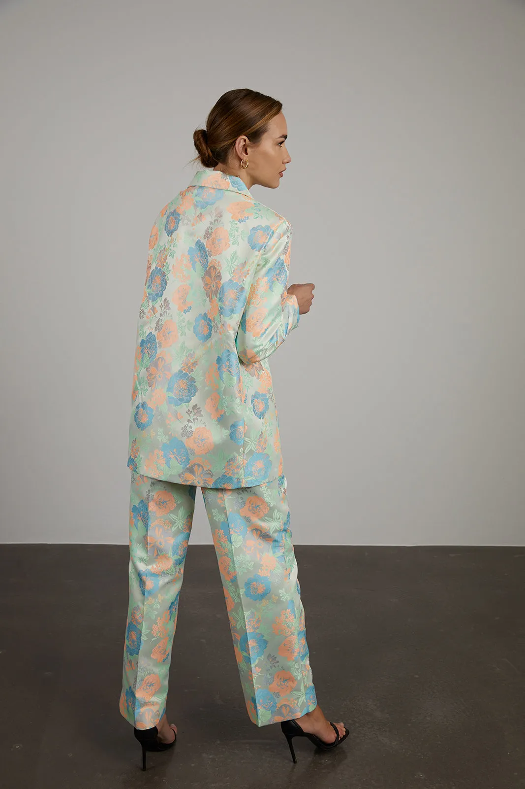 BLAZER AZUL SALMÃO JACQUARD OVERSIZED ESTAMPADO FLORAL