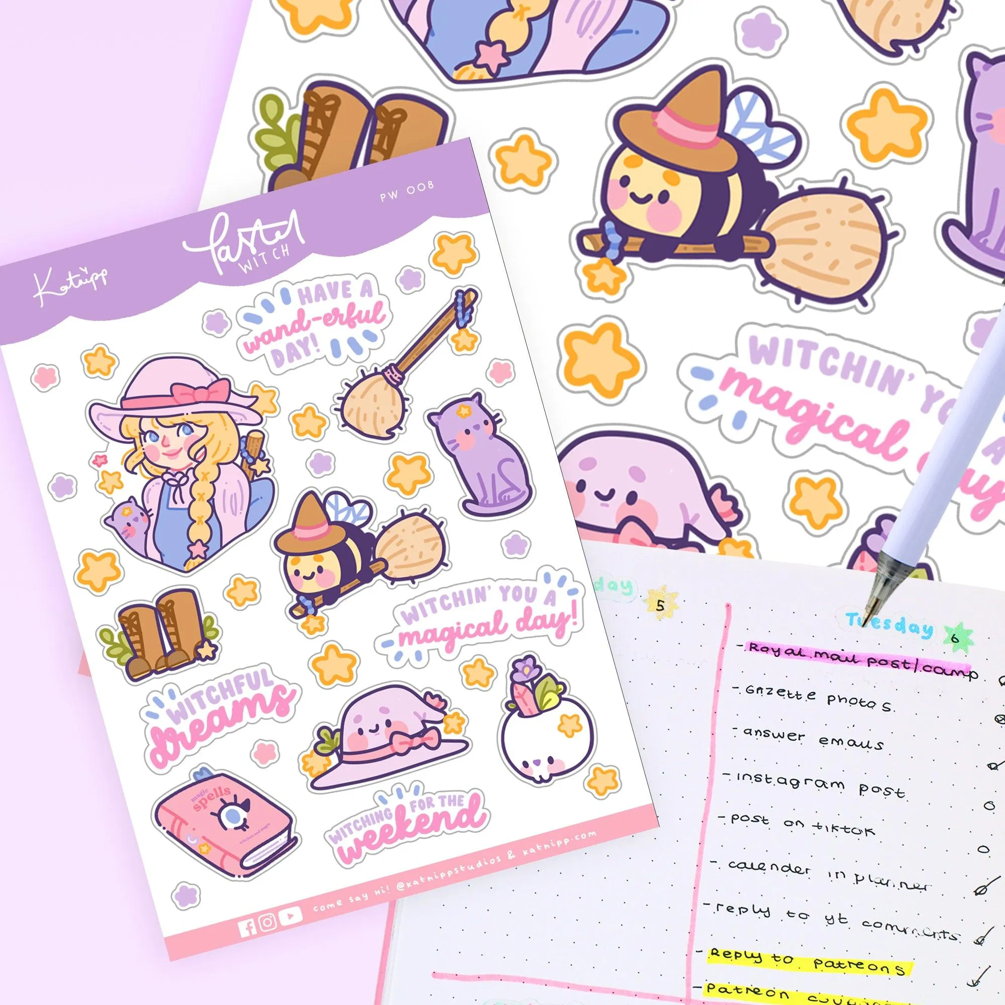 Bumblebutt & Primrose Pastel Witch Kawaii Sticker Sheet | Magical Quotes & Cute Witchy Designs | PW 008