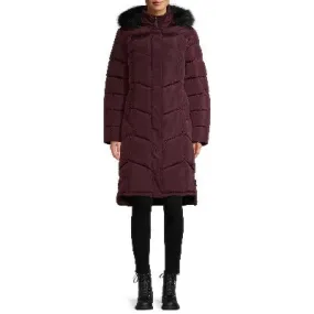 Chevron Quilted Maxi Coat with Faux Fur Hood Figc