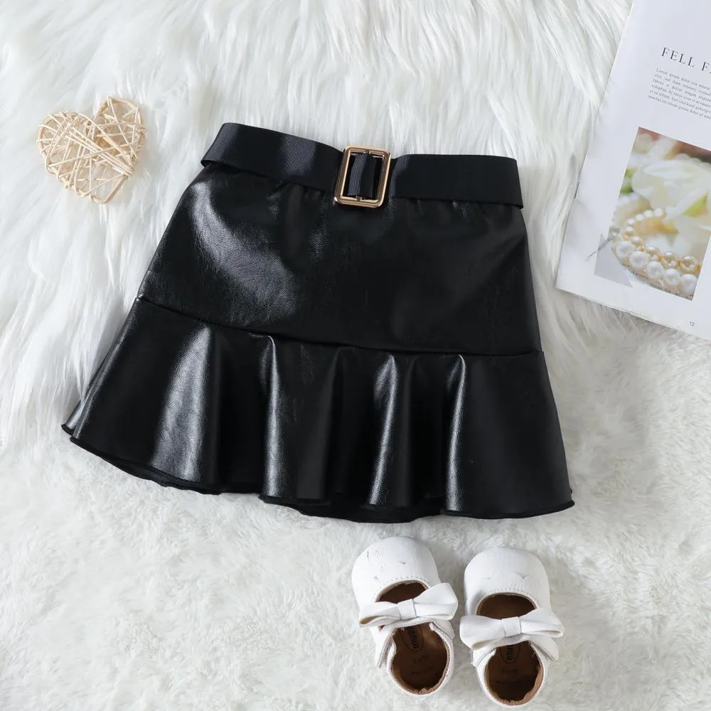 Christmas Girls Red Top Belt Leather Skirt Set Wholesale Girls Clothes