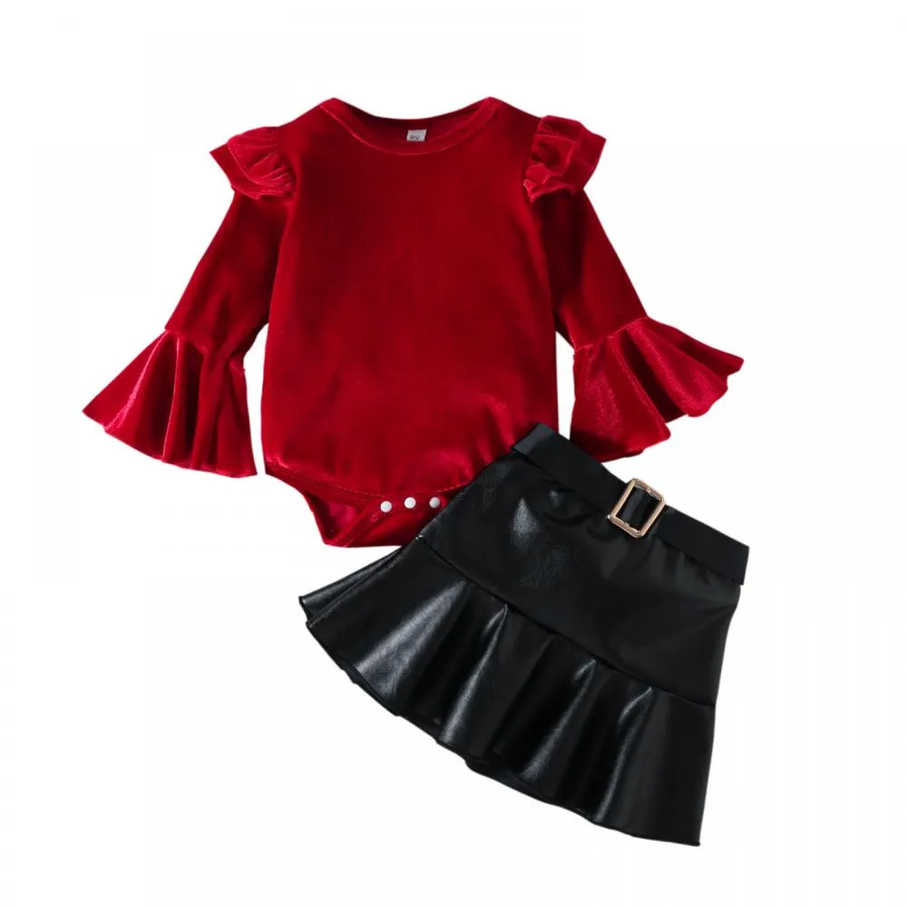 Christmas Girls Red Top Belt Leather Skirt Set Wholesale Girls Clothes