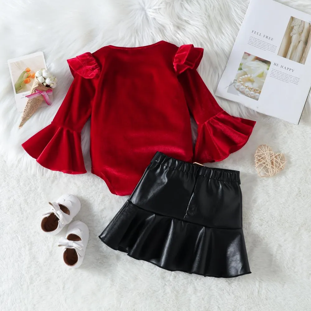 Christmas Girls Red Top Belt Leather Skirt Set Wholesale Girls Clothes