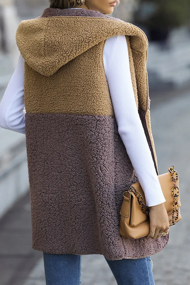Color Block Plush Hooded Vest Winter Outfits Coat