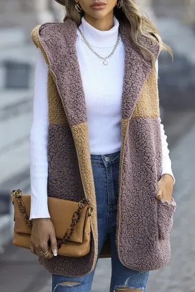 Color Block Plush Hooded Vest Winter Outfits Coat