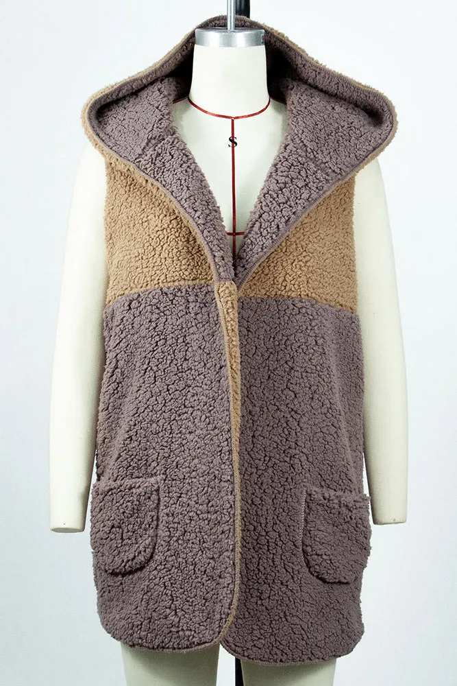 Color Block Plush Hooded Vest Winter Outfits Coat