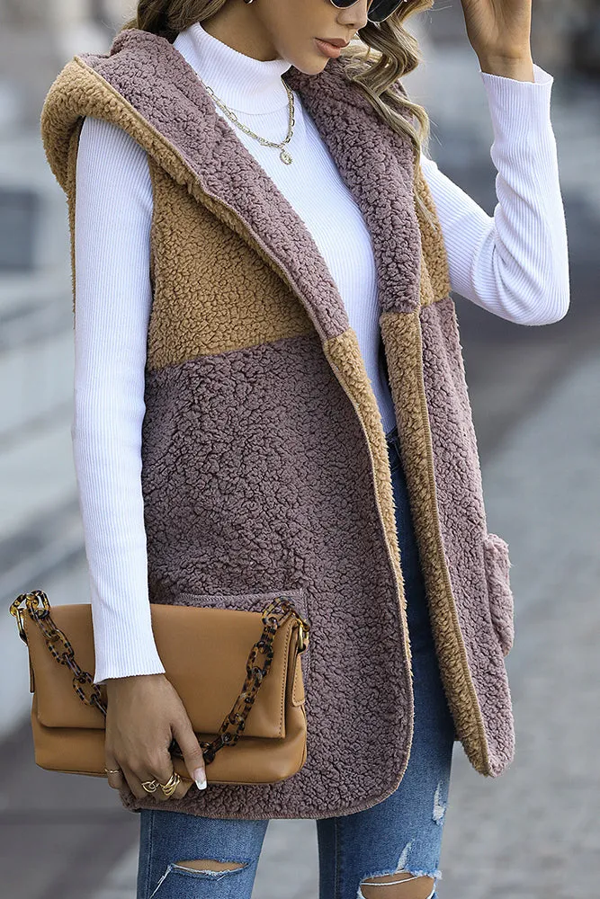 Color Block Plush Hooded Vest Winter Outfits Coat