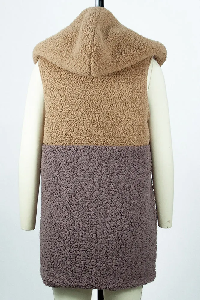 Color Block Plush Hooded Vest Winter Outfits Coat