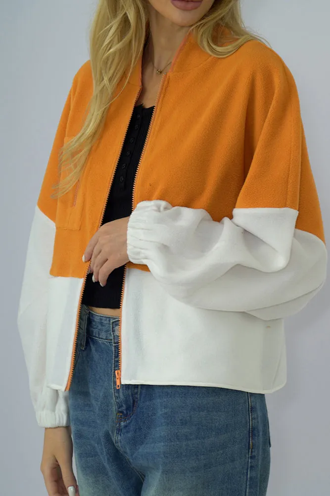 Colorblock Splicing Zipper Fleece Short Winter Outfits Jacket