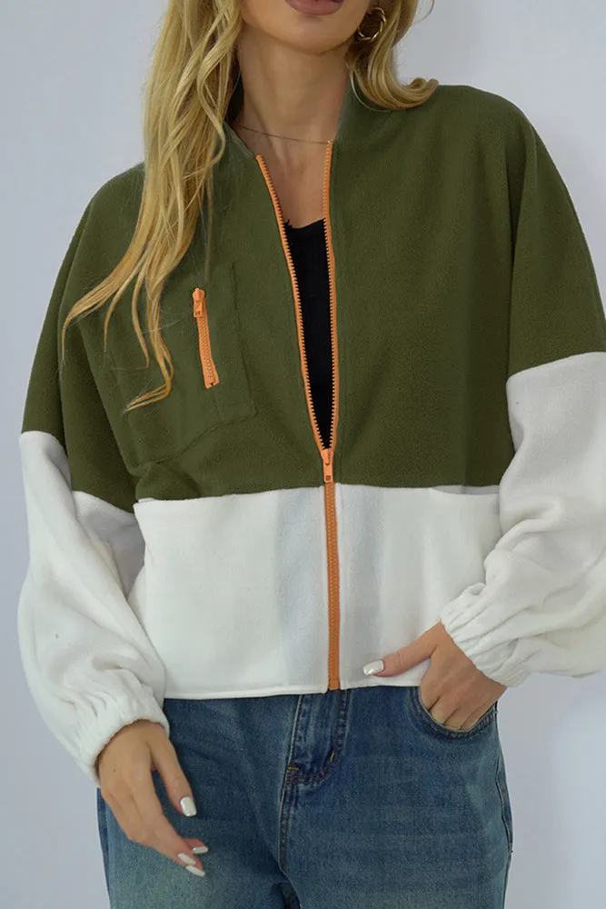 Colorblock Splicing Zipper Fleece Short Winter Outfits Jacket