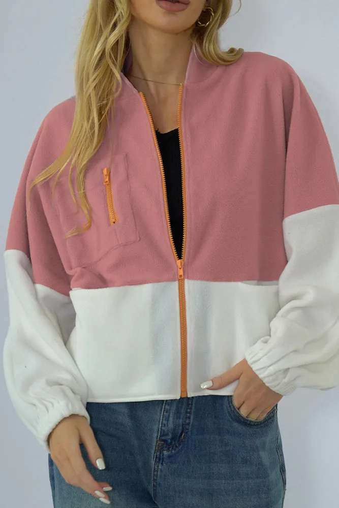 Colorblock Splicing Zipper Fleece Short Winter Outfits Jacket