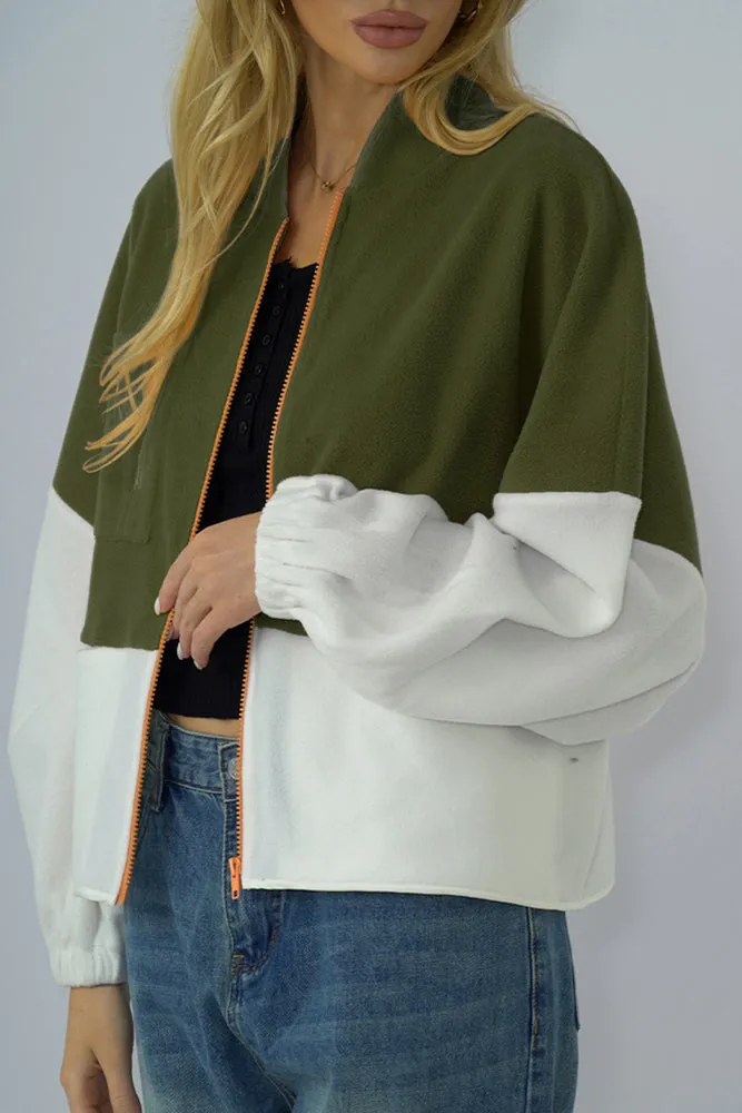 Colorblock Splicing Zipper Fleece Short Winter Outfits Jacket