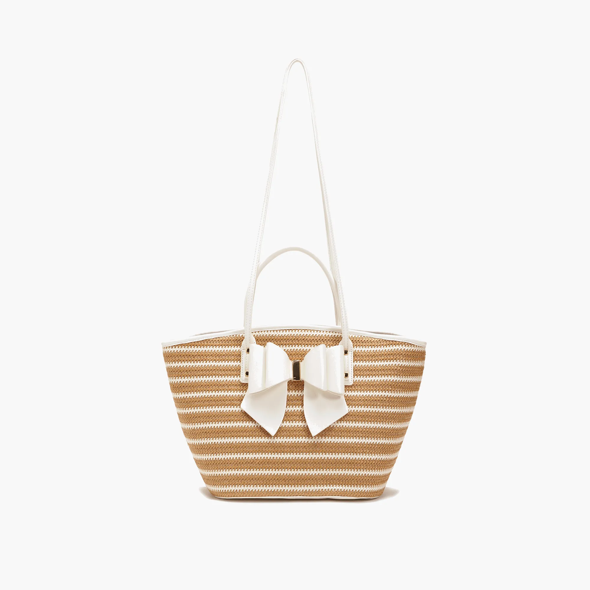 Daisy Bowtie Striped Straw Basket Tote Bag