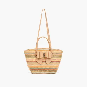 Daisy Bowtie Striped Straw Basket Tote Bag