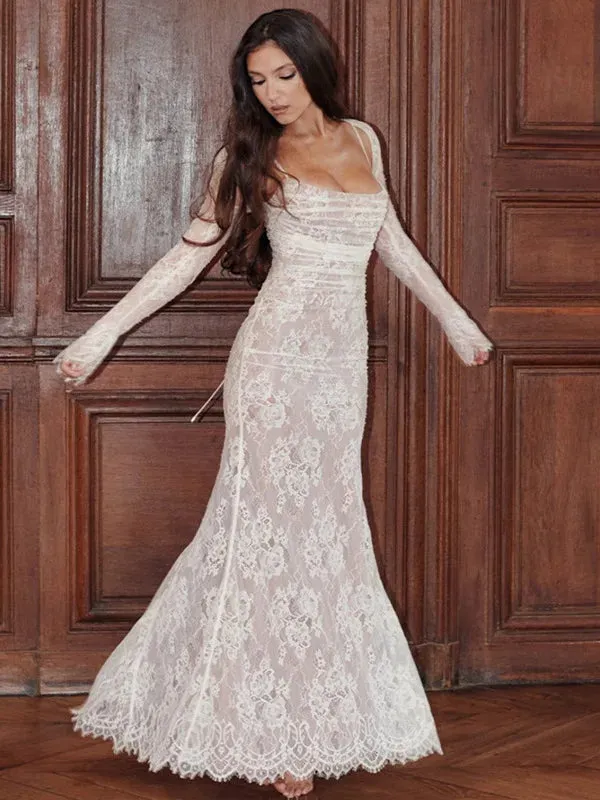 DressBetty - 2024 Spring Temperament See Through Slip Lace-up Evening Floral Dress