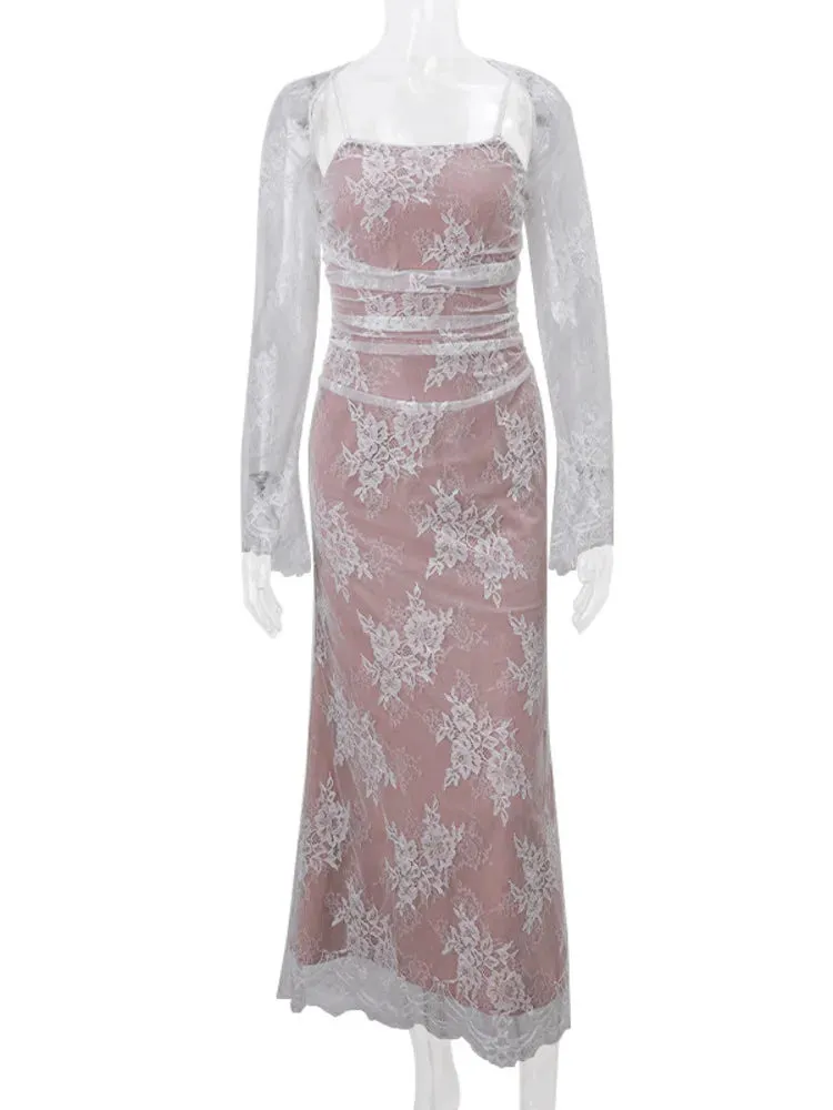 DressBetty - 2024 Spring Temperament See Through Slip Lace-up Evening Floral Dress