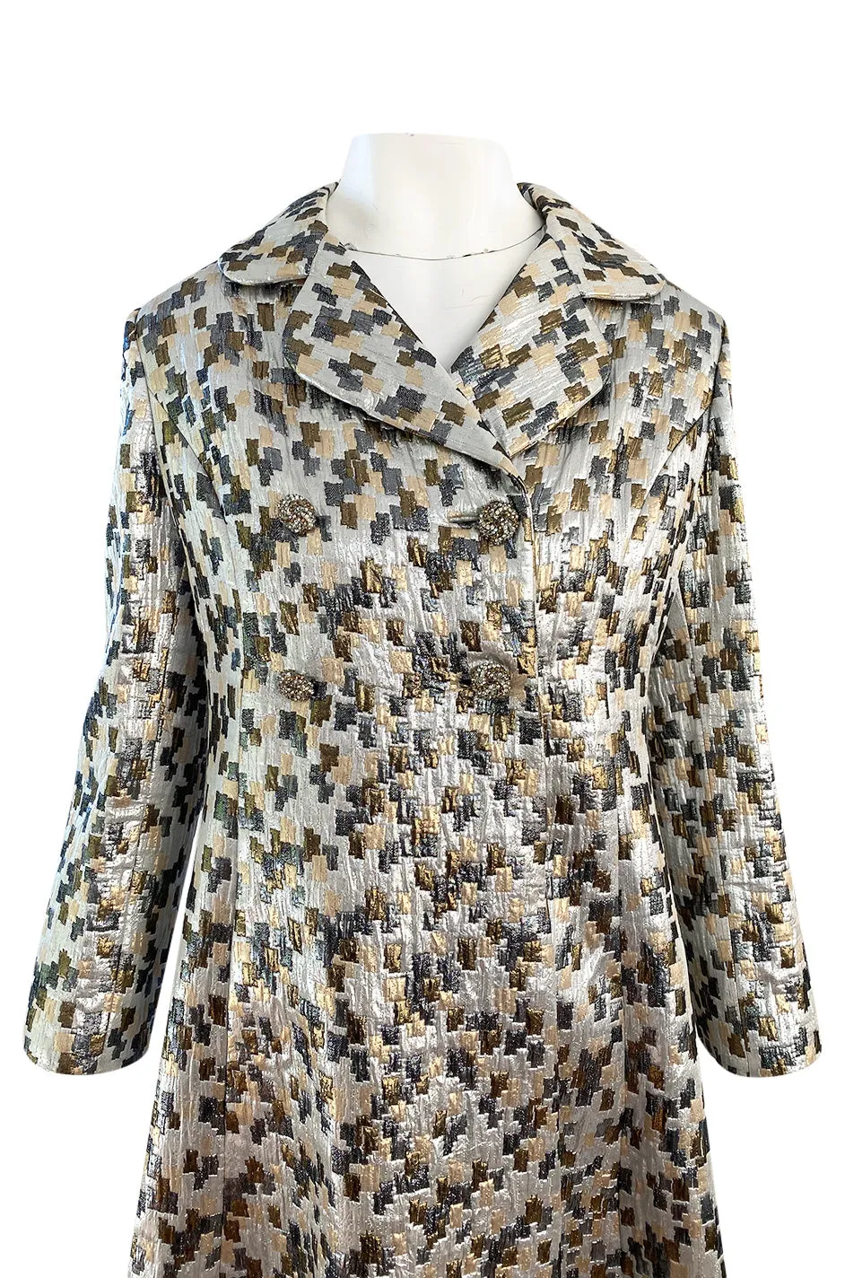 Early 1960s Ceil Chapman Gold & Silver Metallic Silk Brocade Coat w Crystal Buttons