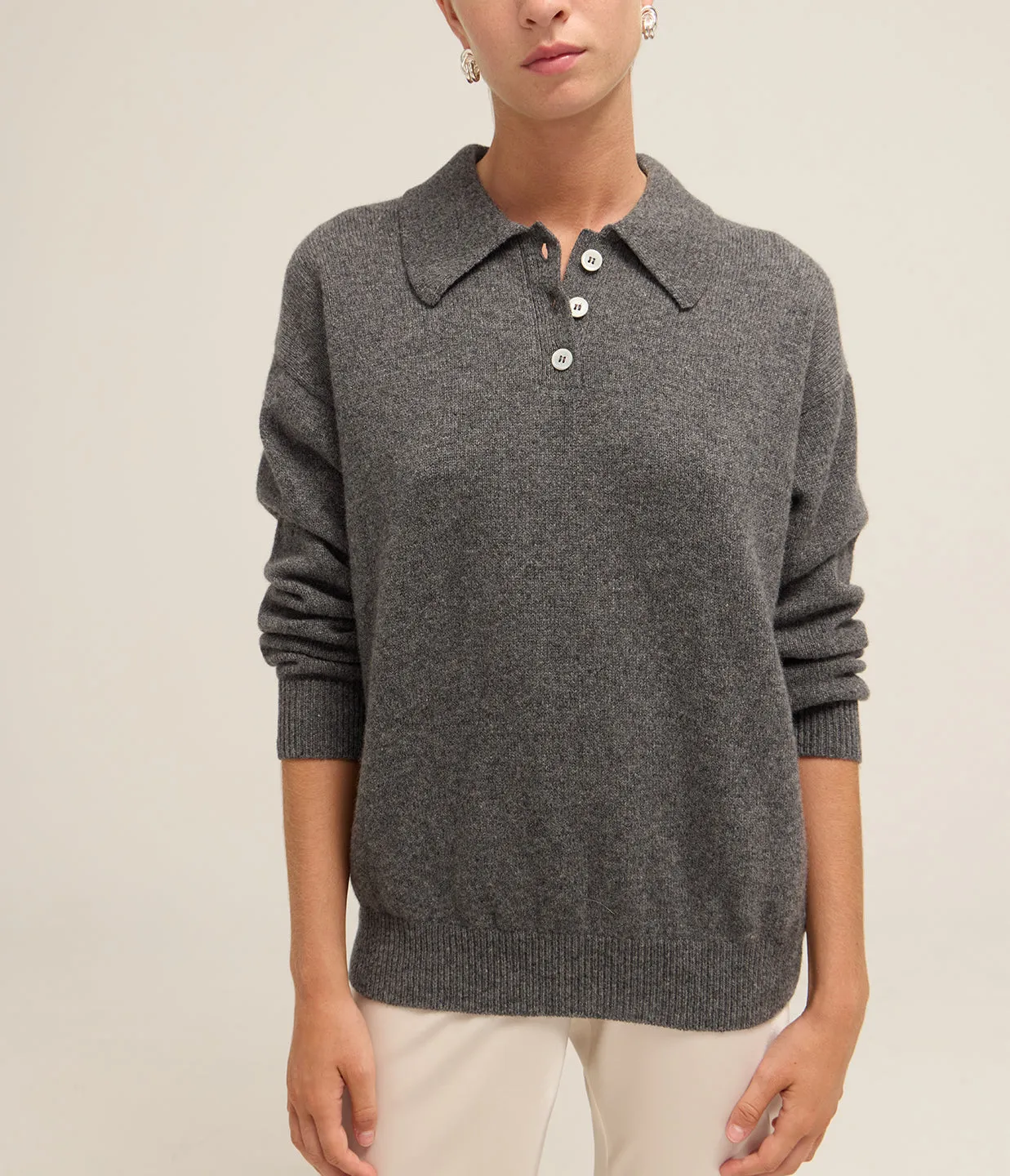Edith Plain Polo Top in Derby Grey
