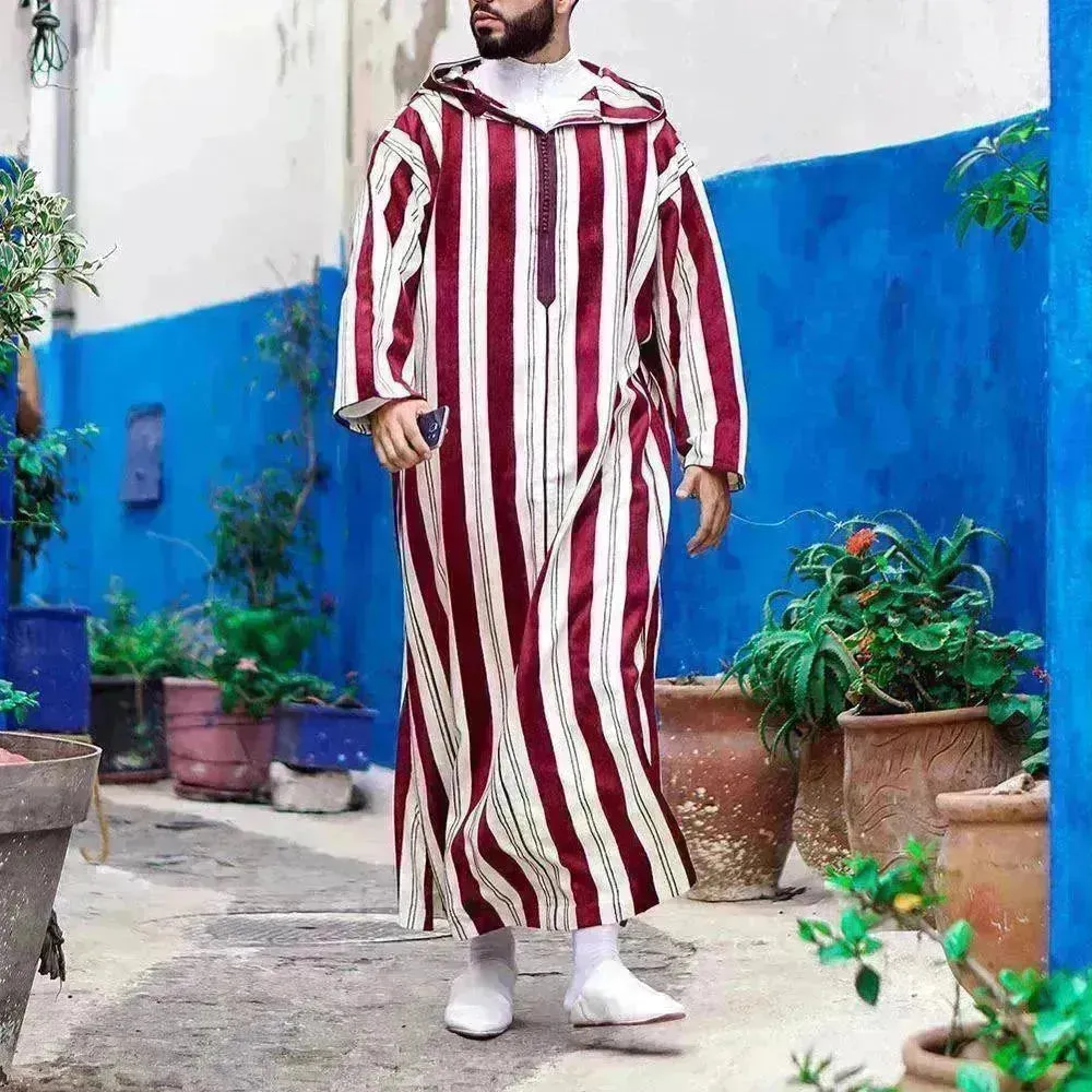 Fashionable and Elegant Men's Color Blocking Striped Long Arab  Robe Hoodie Moroccan Men's Jalabiya