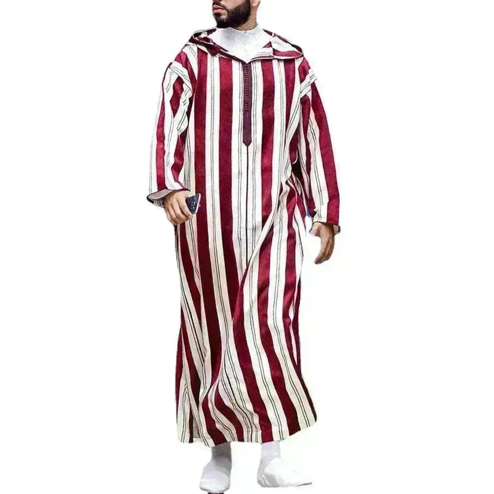 Fashionable and Elegant Men's Color Blocking Striped Long Arab  Robe Hoodie Moroccan Men's Jalabiya