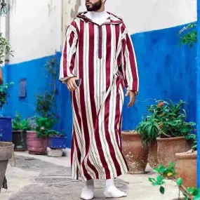 Fashionable and Elegant Men's Color Blocking Striped Long Arab  Robe Hoodie Moroccan Men's Jalabiya