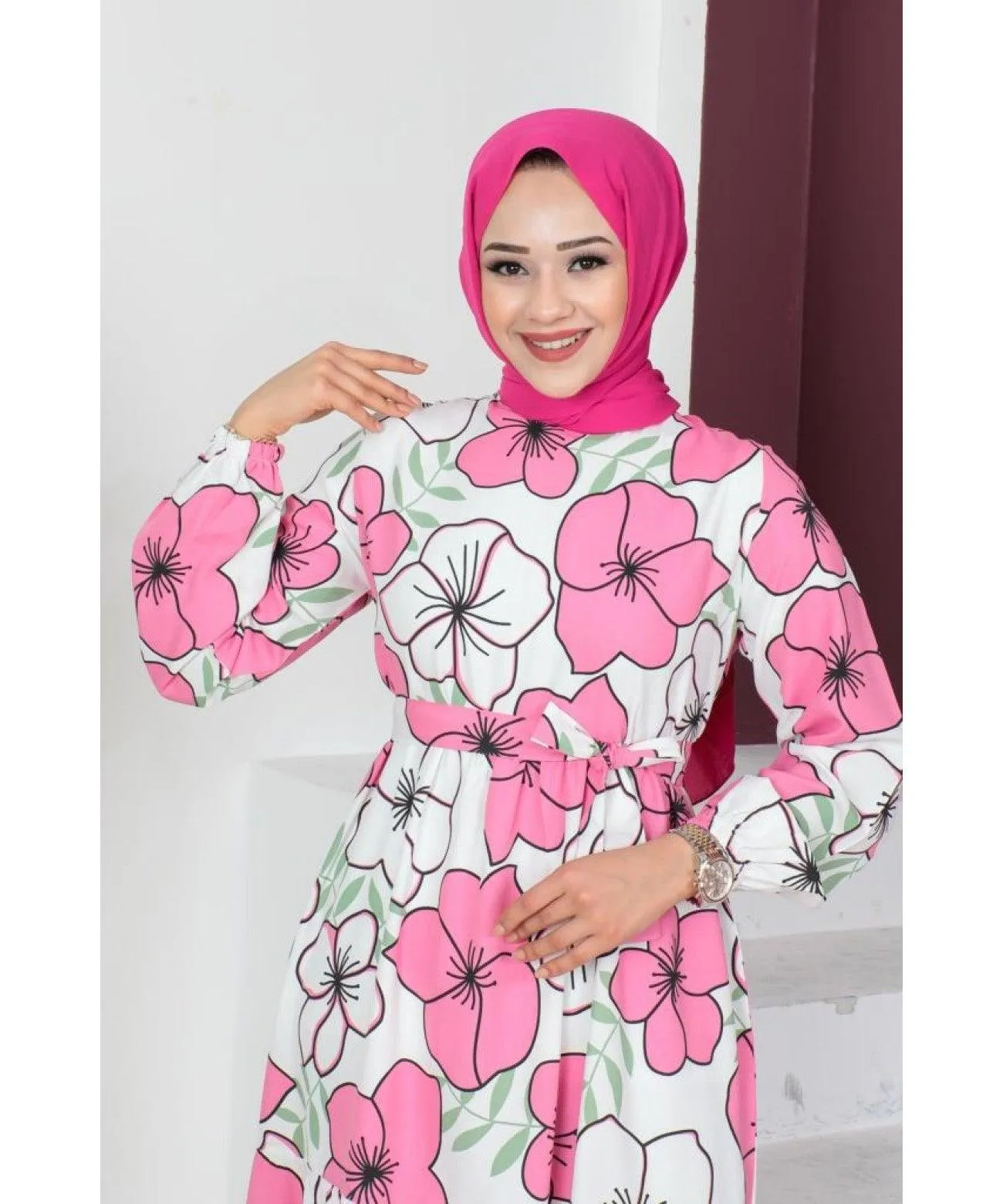 Floral Patterned Long Dubai Abaya Dress - Pink
