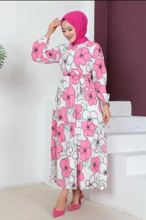 Floral Patterned Long Dubai Abaya Dress - Pink