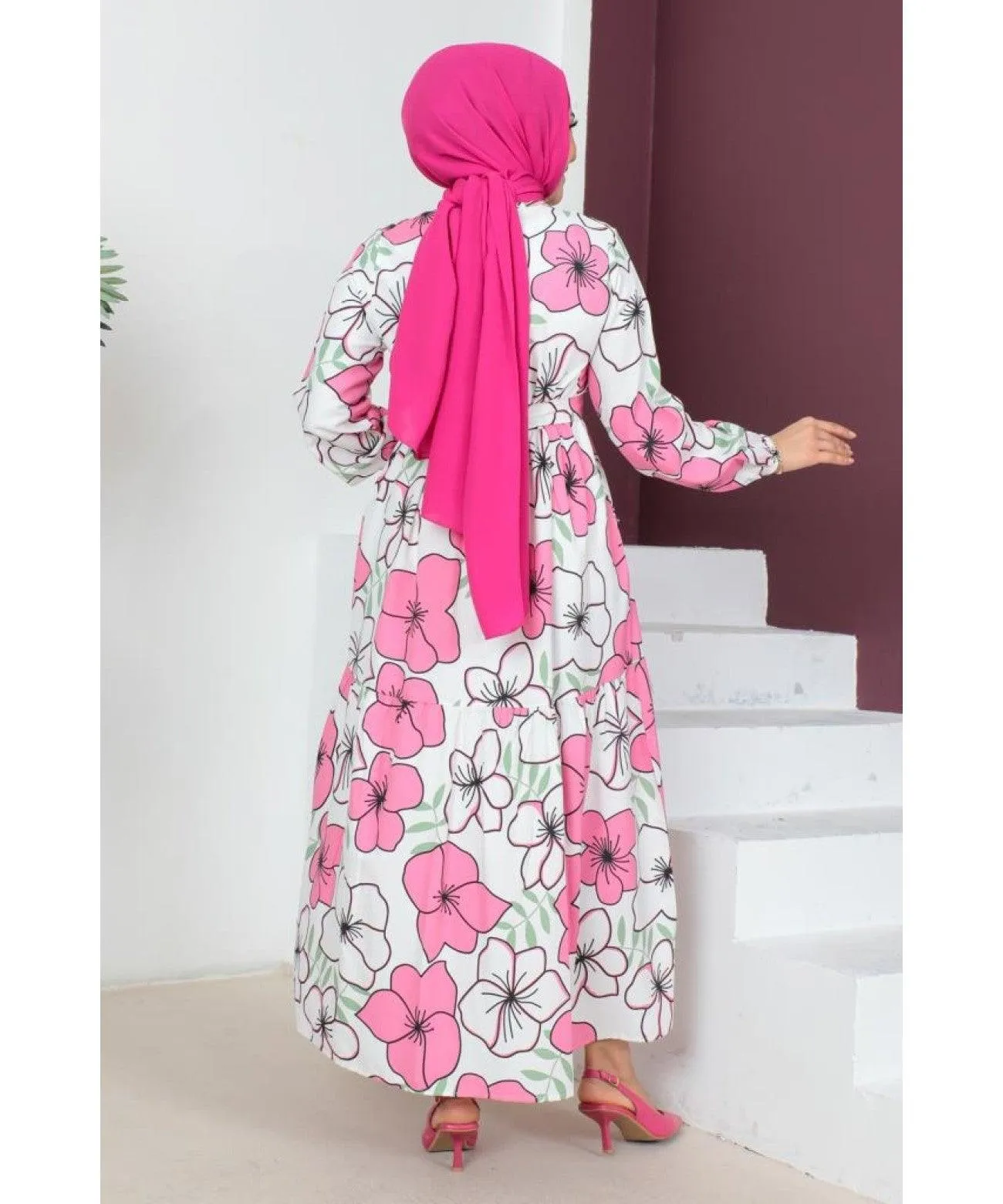 Floral Patterned Long Dubai Abaya Dress - Pink
