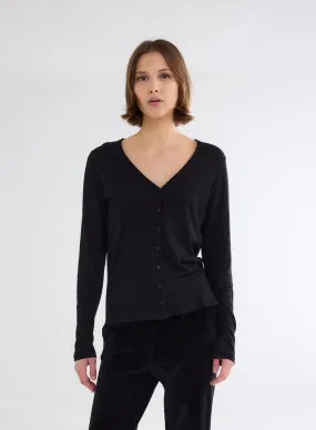 Gilet Noir Col V Manches Longues en Coton et Cachemire