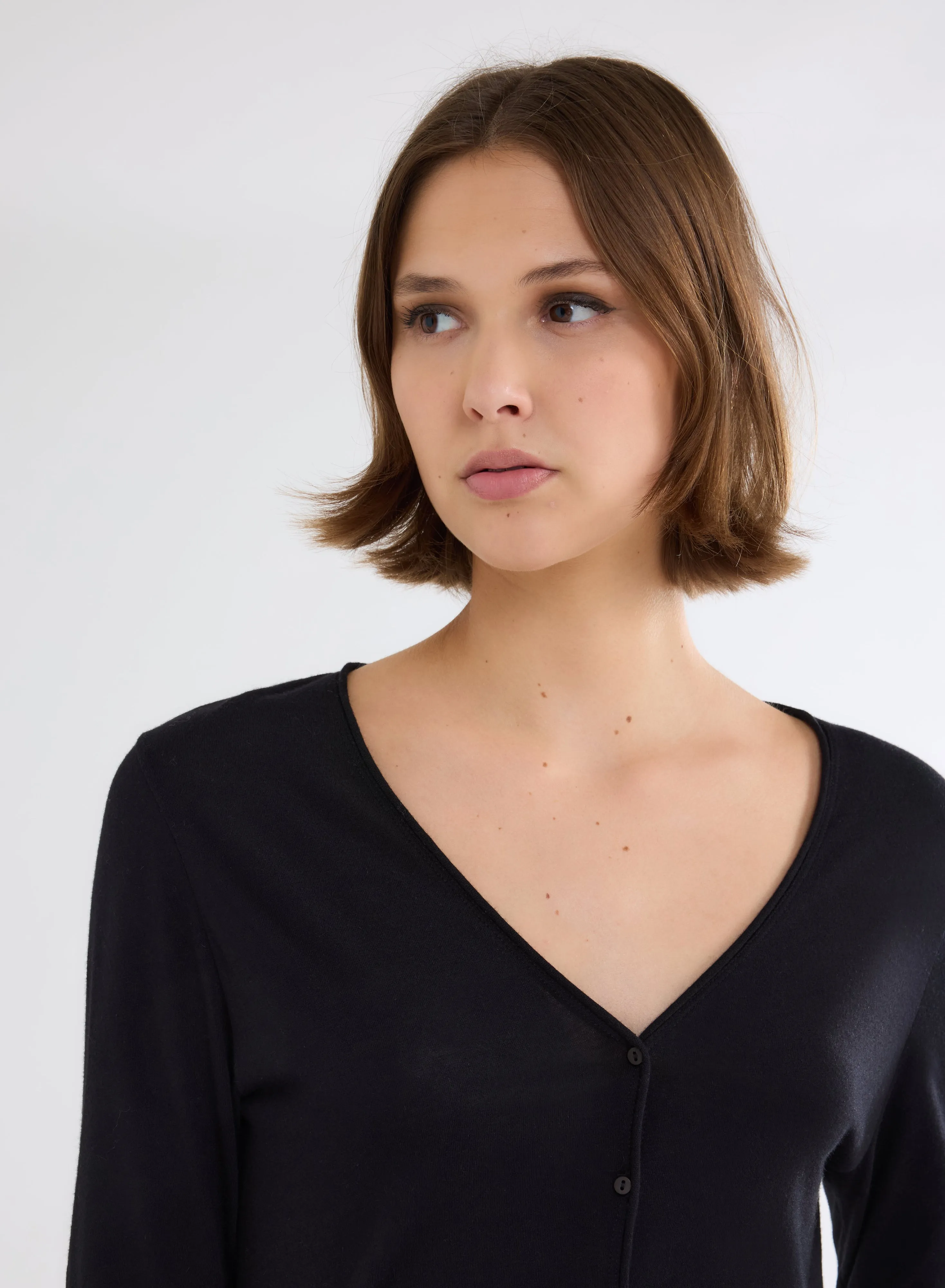 Gilet Noir Col V Manches Longues en Coton et Cachemire